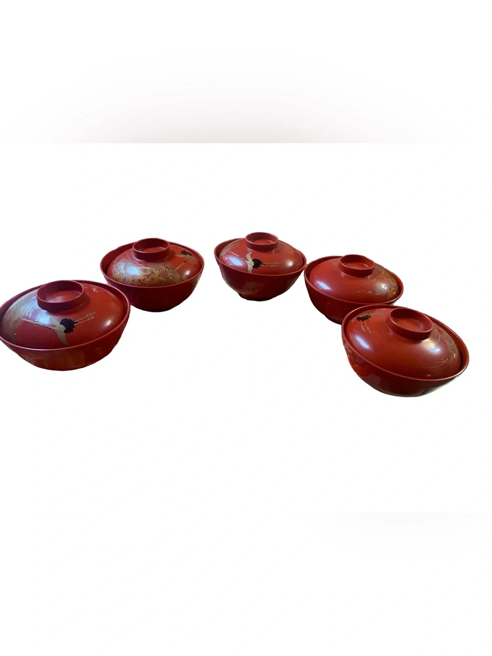 Vintage Japanese Lacquer Bowls With Lids Set of 5 Red Gold Soup Rice